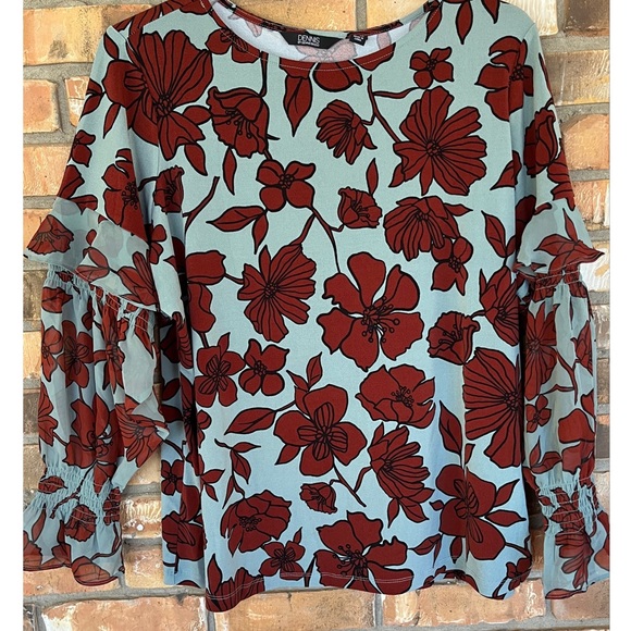 Dennis Basso Women’s Printed Caviar Crepe Ruffled Top With Chiffon Sleeves 1X - Picture 2 of 10